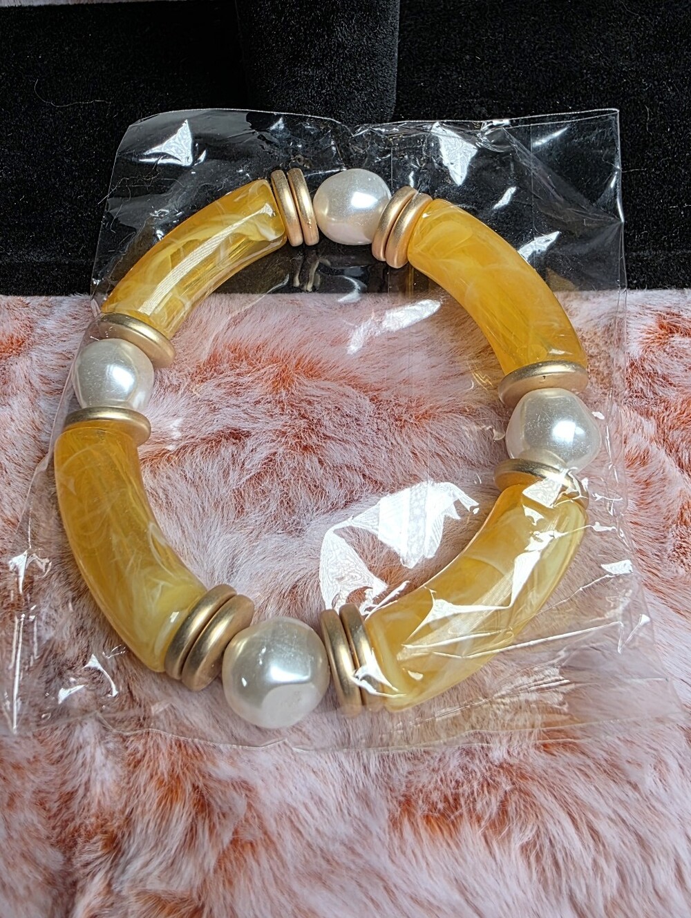 Plunder Yellow Marbled Tube Bracelet with Pearl Accents | NWOT